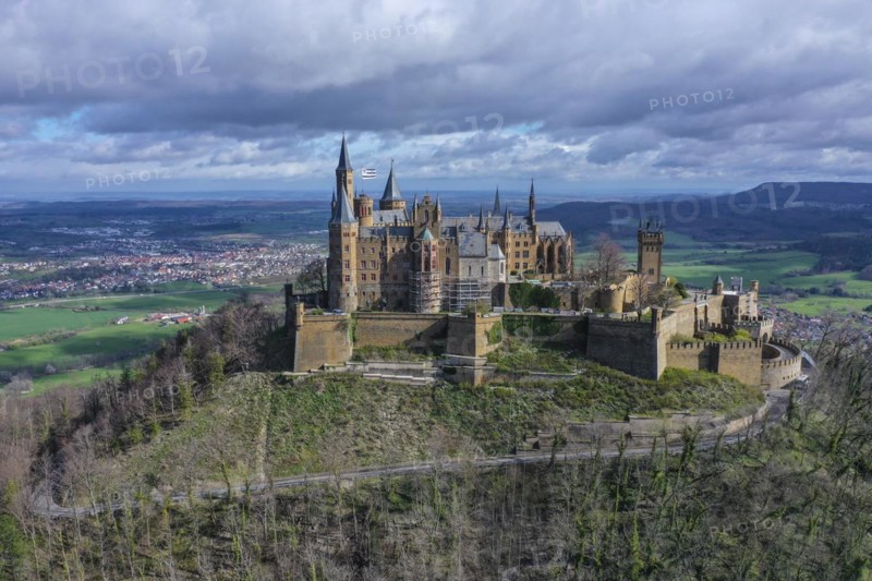 Aerial view of Hohenzollern Castle, ancestral castle of the Prussian royal family and former ruling German imperial house of Hohenzollern, Bisingen, Zollernalbkreis, Swabian Alb, Baden-Württemberg, Germany, Europe