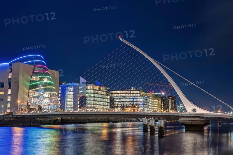 The harbour area with the Samuel Beckett Bridge in Dublin, Ireland, at night, Europe