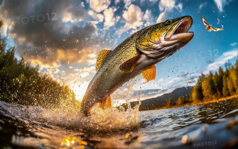 A trout jumps high out of the water to catch a moth in flight, AI generated, AI generated