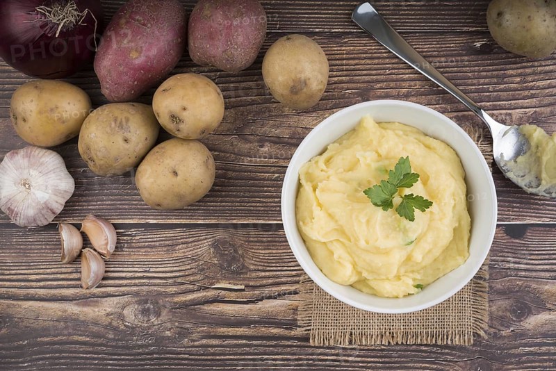 Composition with mashed potatoes wooden table. Resolution and high quality beautiful photo