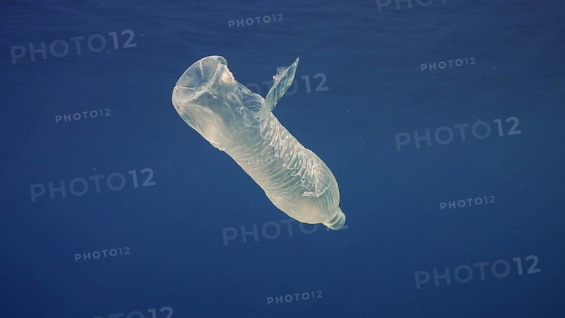 Disposable plastic bottle drift under surface of blue water. A plastic bottle is thrown into sea drifts in water column of morning time, Red sea, Egypt, Africa