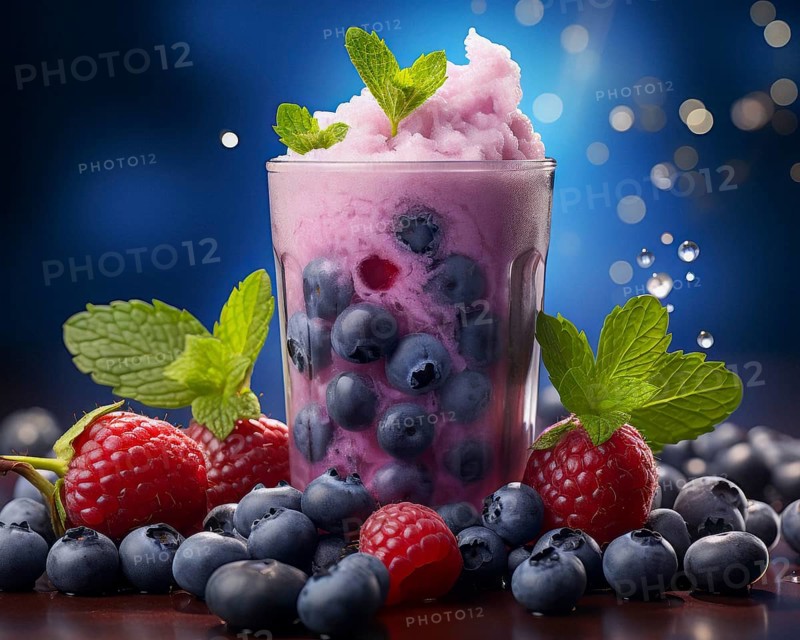 Fresh fruit shake in a glass, milkshake, smoothie, ice cream, wild berry, raspberry, blueberry, blueberry, mint, wellness drink, dessert, dessert, AI generated