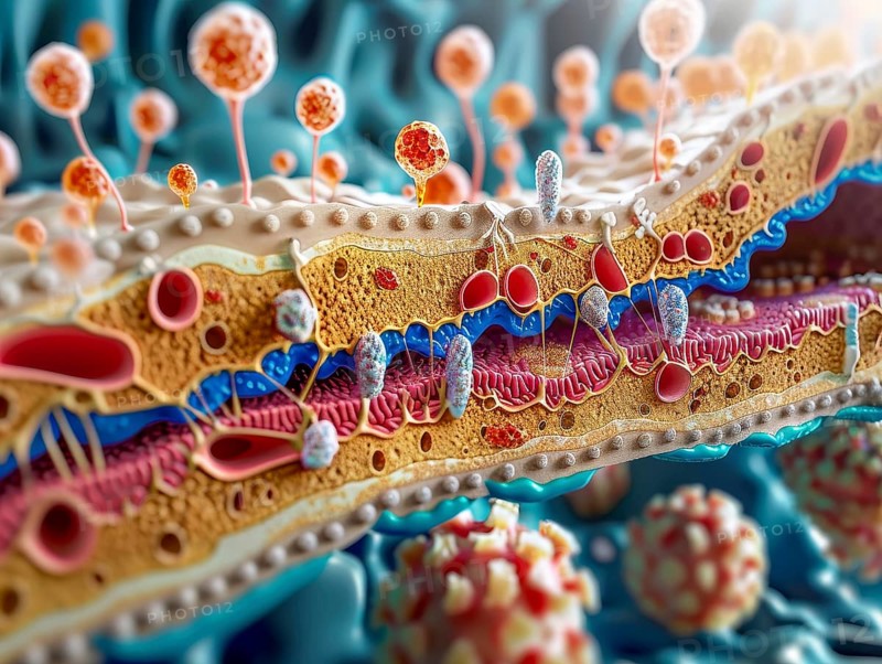 Detailed cross-section of human skin structure cells with vibrant colors and diverse textures, AI generated