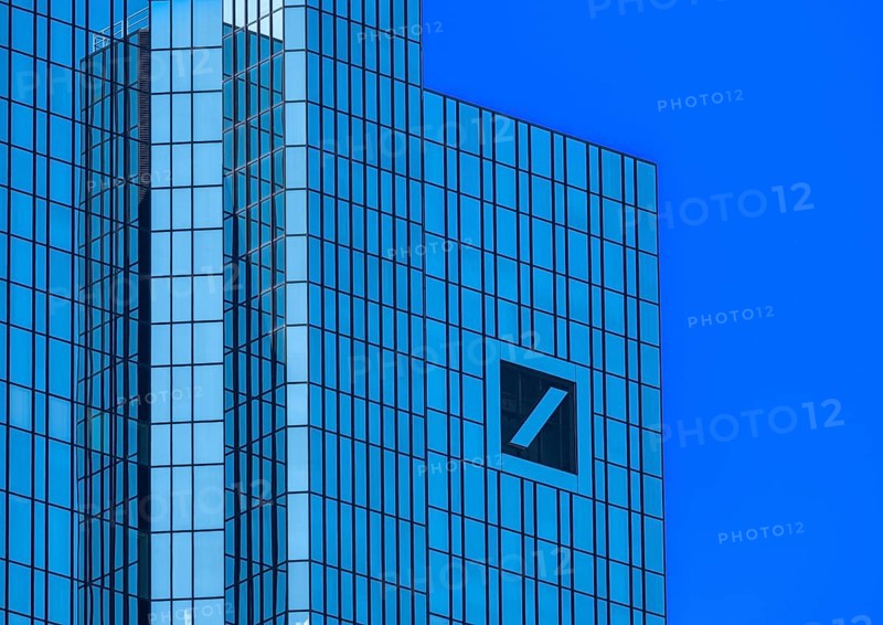 Twin towers of the Deutsche Bank headquarters with the company logo slash in the square, Frankfurt am Main, Hesse, Germany, Europe