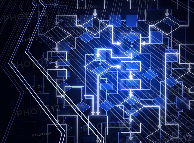 Abstract flowchart diagram. Computer program algorithm. Information technology conceptual background in blue