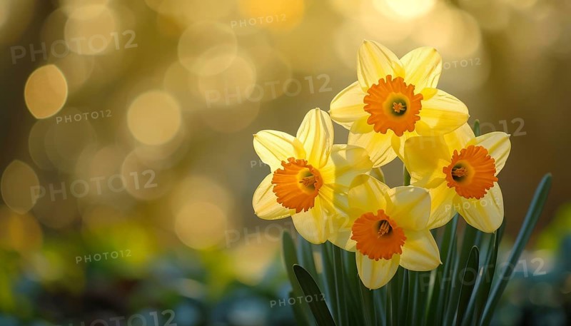 Sunlit daffodils, duke of rothesay narcissus, against a blurred background, creating a serene scene, AI generated