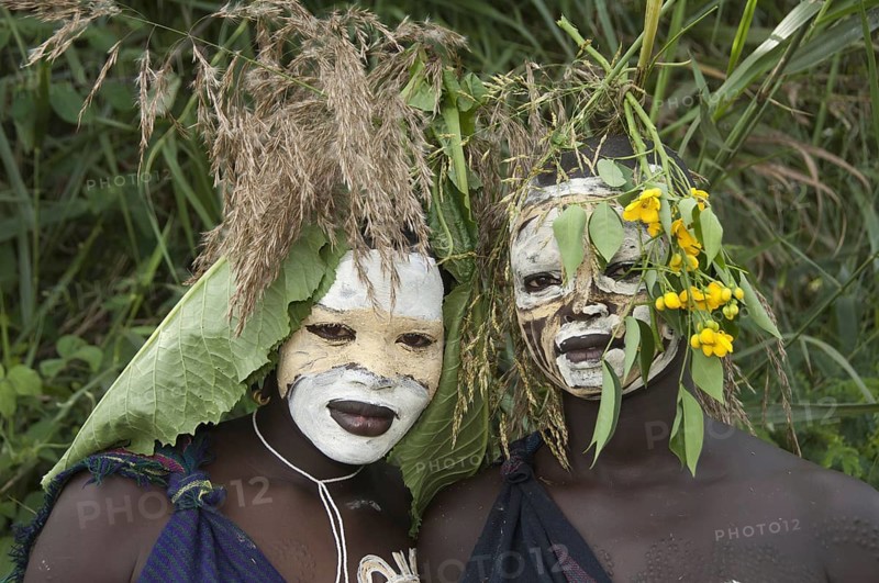 Surma woman with body painting and headdress, face painting, Kibish, Omo Valley, Ethiopia, Africa