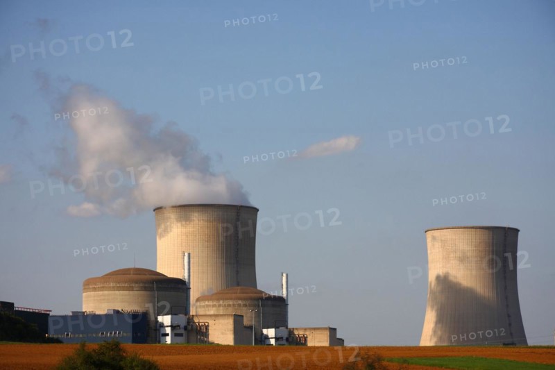 Nuclear power plant in Cattenom, France, foreground agriculture, background blue sky, detail, Europe