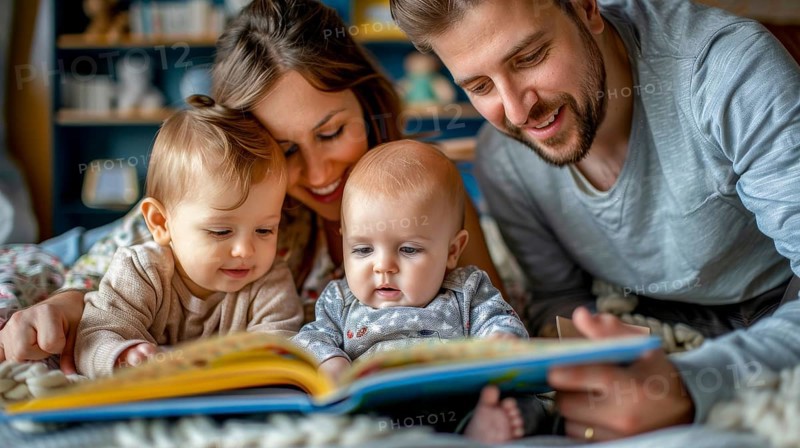 Parents reading a book to their babies while lying on a bed, AI generated