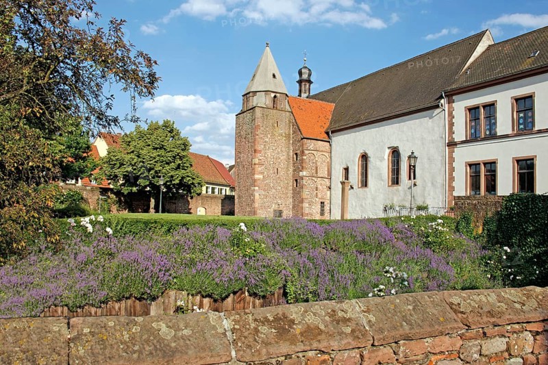 Romanesque bell tower, Chapel of St. Sebastian, Old Town of Ladenburg, Baden-Württemberg, city fortification, Germany, Europe