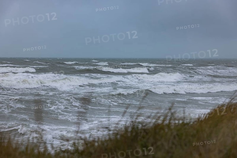 Stormy sea, foaming sea in storm with high waves on the English Channel, Portbail, Cotentin, Manche, Normandy, France, Europe