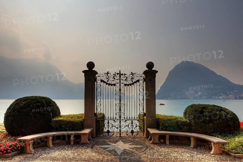 Gate, Parco Civico of Villa Ciani, Lake Lugano, Monte Salvatore, Lugano, Ticino, Lago di Lugano, Lago di Ceresio, Switzerland, Europe