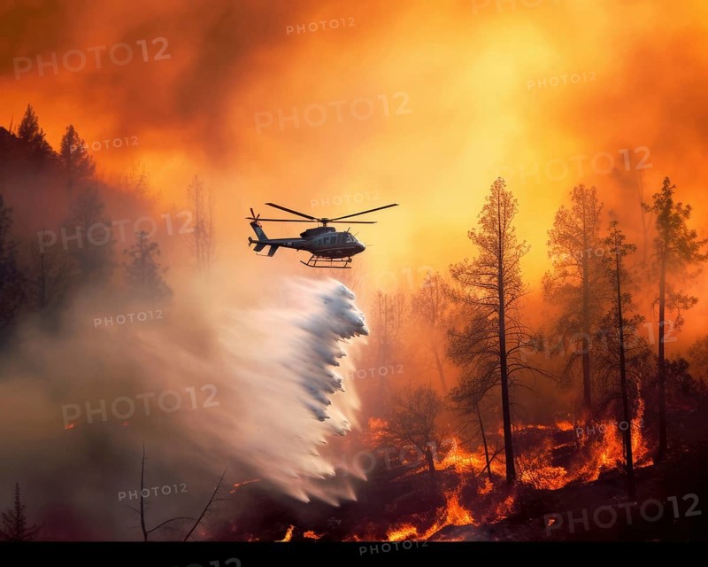 Firefighting helicopter pours water over forest fire, flames, fire inferno, climate change, heat, destruction, AI generates
