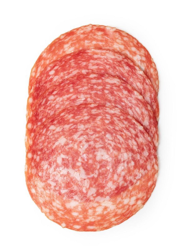 salami sausage slice isolated on white background top view