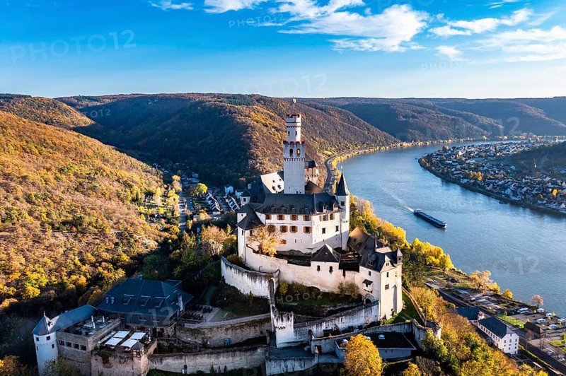 Aerial view of the Rhine Valley with the Marksburg Castle, Braubach, UNESCO World Heritage Site, Upper Middle Rhine Valley, Rhineland-Palatinate, Germany, Europe