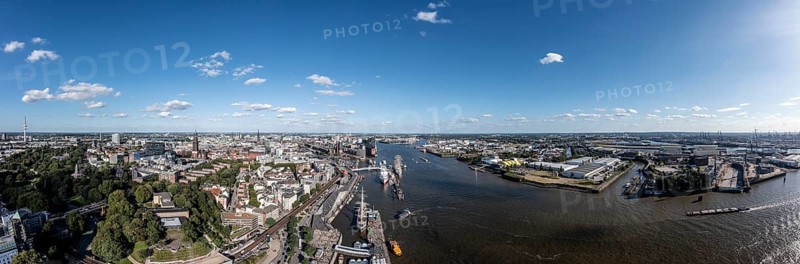 Large panorama, aerial photo, drone photo, Elbe, skyline harbour with museum ships, container harbour, Elbe Philharmonic Hall, Hamburg, Germany, Europe