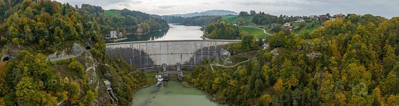 Dam, Lac de Gruyère, Lake Gruyère, reservoir, aerial view, Fribourg, Switzerland, Europe
