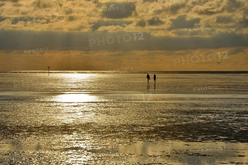 Evening atmosphere, sunset, Wadden Sea, two people walking between Neuwerk Island and Cuxhaven-Sahlenburg, Lower Saxony, Germany, Europe