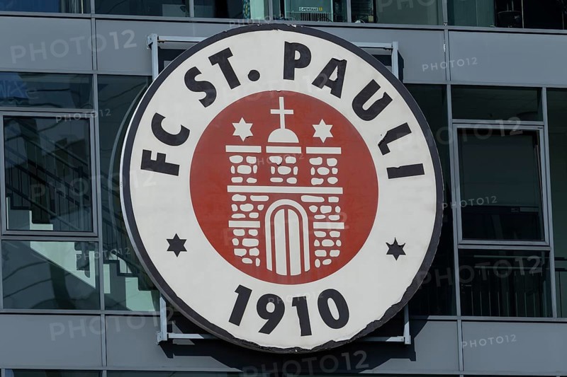 FC St. Pauli coat of arms at the office in the Millerntorstadion at Heiligengeistfeld in Hamburg, Germany, Europe