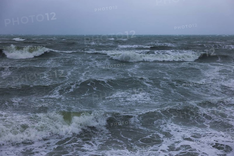 Stormy sea, foaming sea in storm with high waves on the English Channel, Portbail, Cotentin, Manche, Normandy, France, Europe