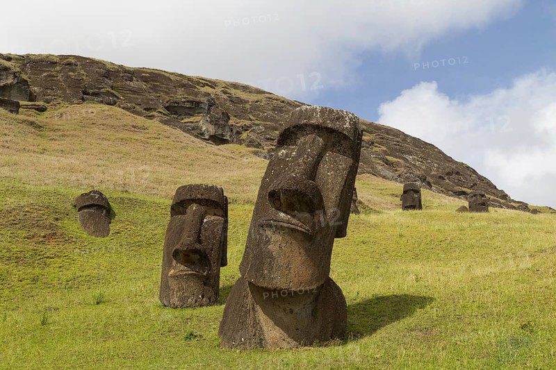 Photograph of the moais at Rano Raraku stone quarry on Easter Island in Chile