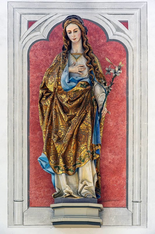 Figure of Mary with lily in the church of St. Alexander and Georg, Niedersonthofen, Allgäu, Bavaria, Germany, Europe