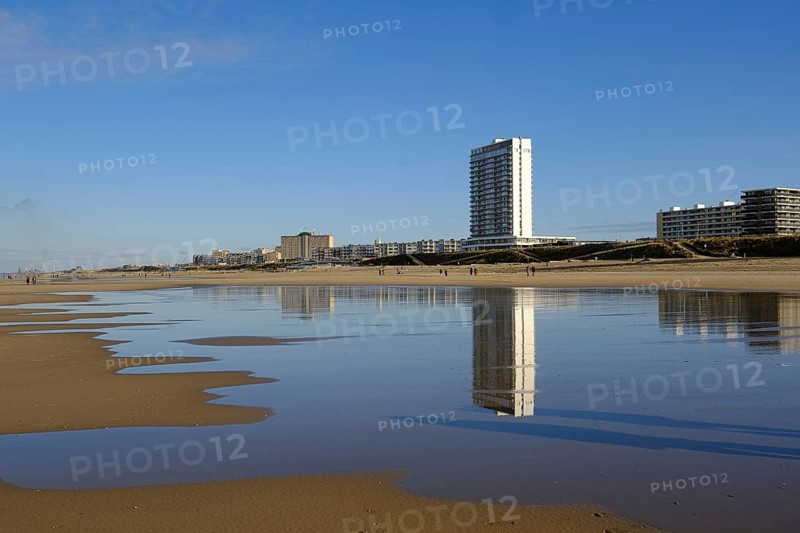 Building on sandy beach, reflection, North Sea, Zandvoort, Netherlands