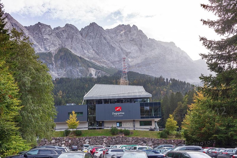 New cable car station to the Zugspitze with Zugspitze massif from the Eibsee lake, Grainau, Werdenfelser Land, Upper Bavaria, Bavaria, Germany, Europe