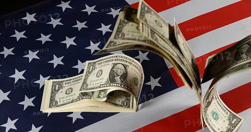 1 US Dollar Banknotes Flying on American Flag