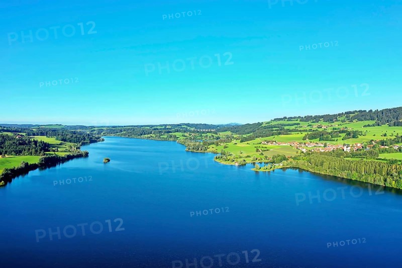 Aerial view of the Rottachtalsperre, also called Rottachsperre, Rottachspeicher or Rottachsee. Rottach, Kempten, Upper Allgäu, Swabia, Bavaria, Germany, Europe