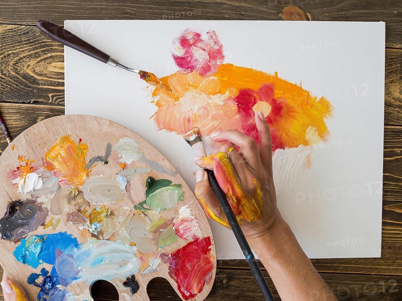 Top view artist painting with brush palette. Resolution and high quality beautiful photo