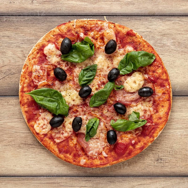 Flat lay arrangement with delicious pizza wooden background