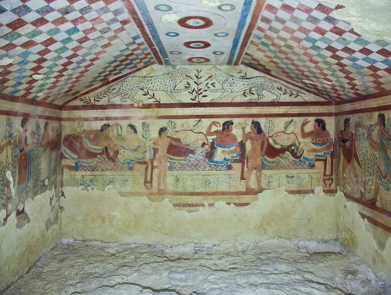 Tarquinia, Italy, around 470 B.C. Via a narrow corridor leading downstair one has access to the rectangular burial room with a sloping ceiling, Europe