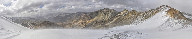 Scenic panorama of cold mountainous landscape of Pamir mountain range in Tajikistan