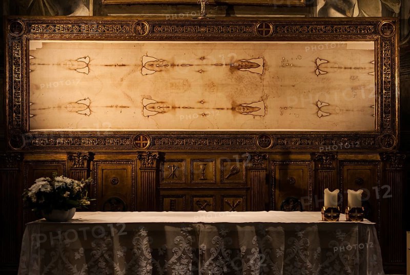 Detail of a copy of the Holy Shroud of Turin, Italy, Europe