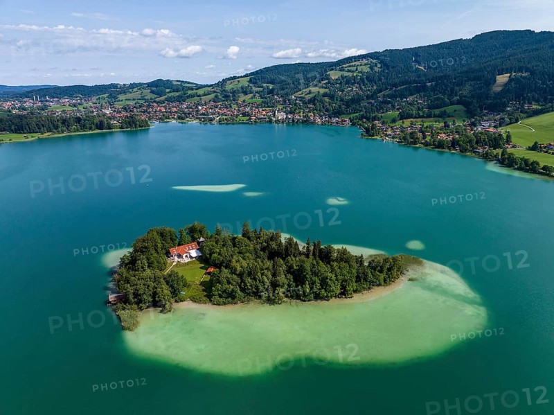 Aerial view, the island of Wörth im Schliersee, Schliersee, Upper Bavaria, Bavaria, Germany, Europe