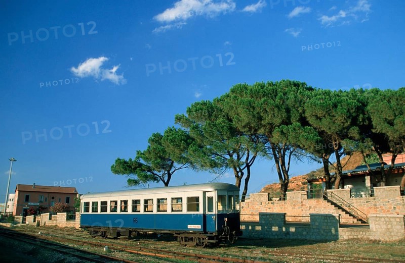 Light rail car at the station, Arbatax, Sardinia, Italy, Europe