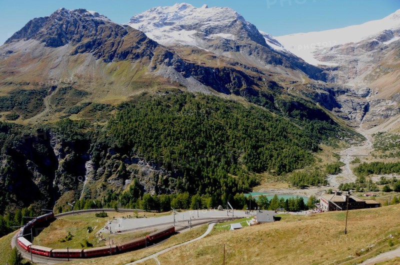 Switzerland, The Bernina Express near Alp Grüm in the Upper Engadine, Europe