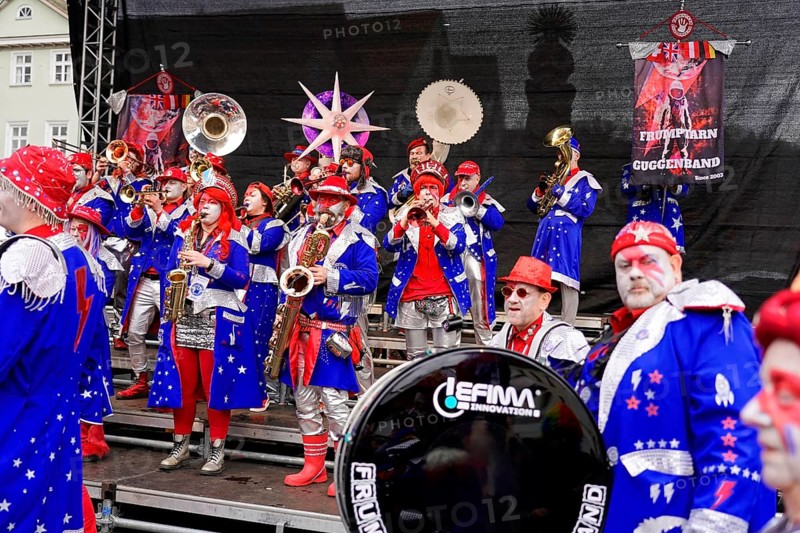 Musicians from the Guggenmusik FRUMPTARN GUGGENBA Barnsley, England, 39th INTERNATIONAL GUGGENMUSIK, MEETING 03 & 04 FEBRUARY 2024, in Schwäbisch Gmünd, Baden-Württemberg, Germany, music, parade, Europe