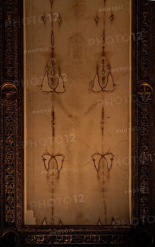 Detail of a copy of the Holy Shroud of Turin, Italy, Europe
