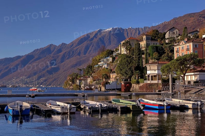 Jetty, Monte Verita and Moscia, Ascona, Lake Maggiore, Ticino, Lake Maggiore, Switzerland, Europe