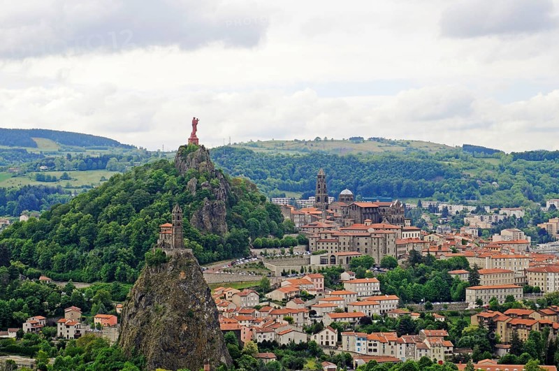 View of Le Puy-en-Velay, Cathedrale Notre-Dame du, Statue of the Virgin Mary on Rocher Corneille, Cathedral, Church of Saint-Michel d'Aiguilhe, Way of St. James, Department of Haute-Loire, Auvergne, France, Europe
