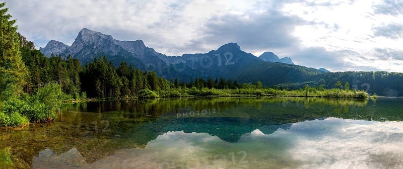Almsee, Grünau, Almtal, Salzkammergut, Totes Gebirge at the back, Upper Austria, Austria, Europe, panorama shot with reflection, Europe
