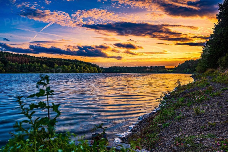Sunset at the Zeulenroda Sea, Zeulenroda-Triebes, Thuringia, Germany, Europe