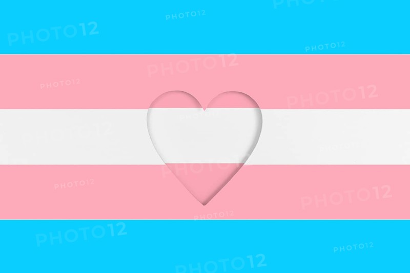 Transgender flag background. Printed cardboard with die-cut heart shape. Top view