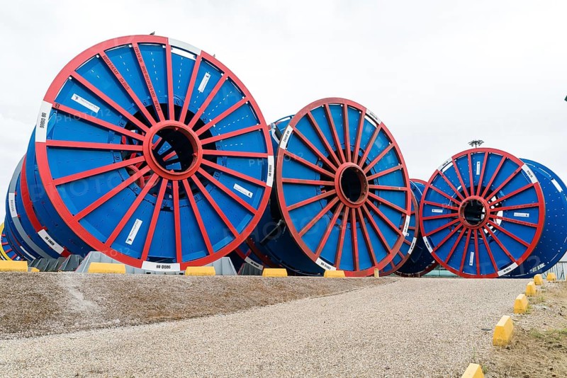 France - 13 August 2019: empty subsea umbilical cable reels ready for reloading