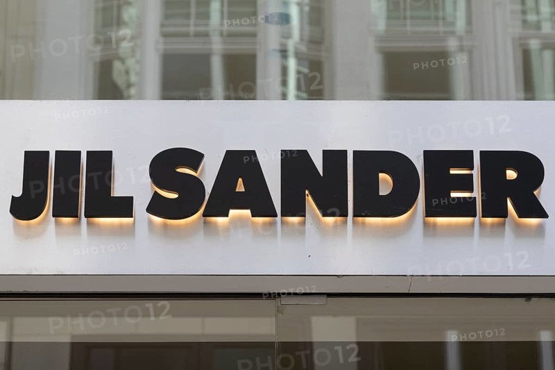 Close-up, logo of the German luxury fashion brand Jil Sander on a boutique in the shopping street Neuer Wall, Hamburg, Germany, Europe
