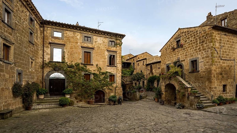 Old tufa buildings decorated with flowers in the hilltop village of Civita di Bagnoregio, Lazio, Italy, Europe