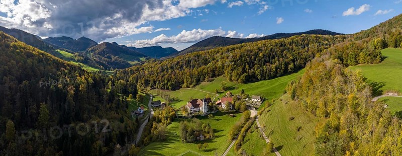 Holy Orthodox Monastery of Johannes Kapodistrias, former Benedictine Abbey, aerial view, Beinwil am Passwang, Solothurn, Switzerland, Europe