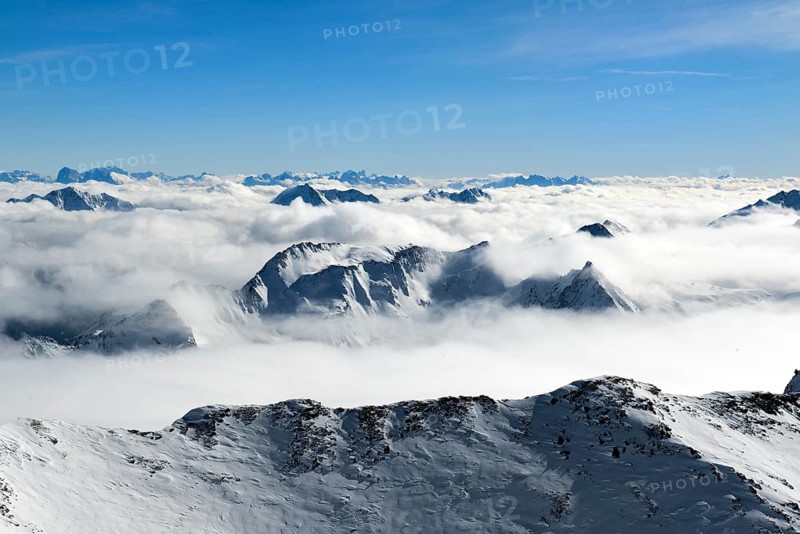 View from Wurmkogl, 3082 m, on the summit of the Oetztal Alps with clouds, behind peaks of the Dolomites, Obergurgl, Hochgurgl, Oetztal, Tyrol, Austria, Europe